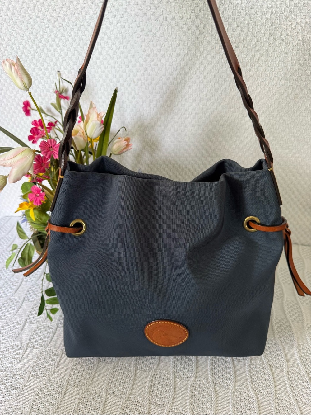 Dooney & Bourke slate blue drawstring bucket bag